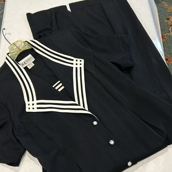 S.L. Fashions Vintage Sailor Maxi Dress Size 18 Black and White Padded Shoulder - Picture 7 of 7